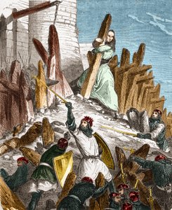 路易-勒-格罗斯（LOUIS le Gros）对Hugues du Puiset的Geurre攻击。1118年，法国国王路易六世-勒格罗的军队袭击了杜普伊特城堡（位于厄尔-洛尔省）。保罗-勒胡格尔的《法国史》（Histoire De France En Cent Paintings）中的雕版画。 作者 法语学校