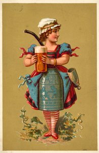 Girl holding a large glass of beer (chromolitho) 作者 法语学校
