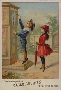 Girl watching a boy adjusting a clock (chromolitho) 作者 法语学校