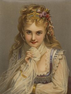 金发、珠宝、鲜花和腼腆笑容的女孩（chromolitho） 作者 法语学校
