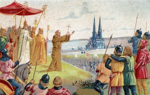 上帝希望如此!隐士彼得宣讲十字军东征（1095 - 1099）19世纪末的彩色石版画。 作者 法语学校