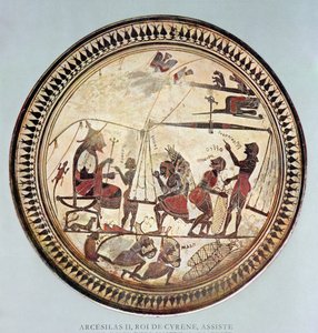 希腊杯描绘了Arcesilas II，Cyrene的国王（公元前560  -  550年）观看称重和装载的silphium，公元前6世纪的原件 作者 法语学校