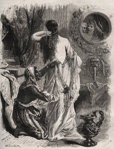 希腊神话：Lydie Candaule（或Caudale）的国王向他的知己Gyges展示了他妻子的裸体，当她在卧室里解开衣服时，他躲在阴影里。亨利-德-科克（Henry de Kock，1819-1892年）在 "Histoire Des Cocus Celebres "中的1871年版画。 作者 法语学校