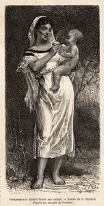 Guaranie woman smoking the cigar to her child, riding on her hip, to try to appease her cries, engraving after D.Maillart