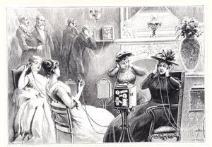 巴黎一家酒店的客人在1892年出版的La Nature的Marinovitchs和Szarvadys Theatrophone上直接接听歌剧或戏剧表演。 作者 法语学校