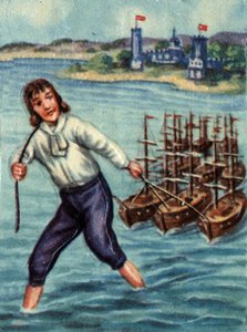 格列佛向小人国港口的敌舰开火。乔纳森-斯威夫特（1667 - 1745）的故事《格列佛游记》的插图。 作者 法语学校