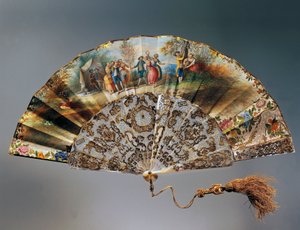 带孩子们玩耍场景的手扇，带水彩石版画的纸叶和珍珠母的肋骨 作者 法语学校