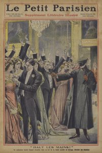 Hands up! An audacious robber relieving guests at a society ball in Chicago of their jewellery (colour litho) 作者 法语学校
