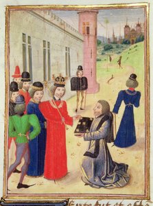 Harl 4380 f.233v 弗罗萨特向理查德二世赠书，选自《弗罗萨特年谱》第四卷（牛皮纸） 作者 法语学校