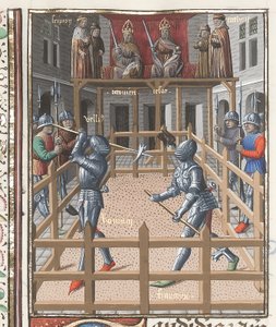 哈雷 4375 号 f.171v，两名骑士使用波拉克斯进行战斗，选自 "Valerius Maximus"，约 1473-80 年（牛皮纸） 作者 法语学校