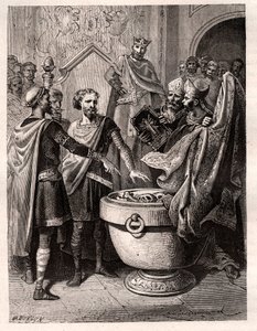 哈罗德二世（1020-1066）1064年最后一位盎格鲁撒克逊国王加冕，在征服者威廉一世面前用圣物宣誓，以支持他在忏悔者爱德华去世时在英格兰王位上的事业，大约1064年（哈罗德在圣物上宣誓 ( 作者 法语学校