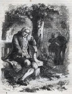 他听到了一个吻的低语"。瑞士哲学家让-雅克（Jean-Jacques）-卢梭（1712-1778）让他的伴侣玛丽-泰蕾兹（Marie Therese）-勒瓦瑟尔（Levasseur）（1721-1801）完全通奸的时候感到惊讶。1871年的雕版画，载于《Histoire Des Cocuses》中 作者 法语学校