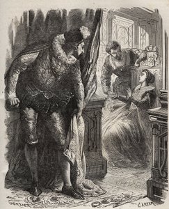 亨利（Henry）-斯图亚特（Stuart）dit Darnley勋爵（1545-1567）为他的妻子玛丽（Mary）-伊雷-斯图亚特女王（1542-1587）和他的私人秘书大卫-里齐奥（David Rizzio，卒于1566年）感到惊讶。亨利-德-科克（Henry de Kock）（1819-1892）在 "Histoire Des Cocuses Celebres "中的1871年版画。 作者 法语学校