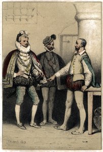 亨利三世（1551-1589），法国国王，探望被囚禁在巴士底狱的陶艺家伯纳德-帕里西。"著名的人类生活场景 "双色版画，瓦莱里奥。1843. 作者 法语学校