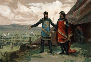 Henry I, King of France (1008-1060) received the Duke of Normandy Robert the Devil (also known as Le Magnifique) and provided him with an army to regain his kingdom. Chromolithography around 1890. 作者 法语学校