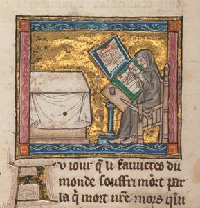 隐士在书桌前书写，微型画《Estoire del Saint Graal，La Queste del Saint Graal，Morte Artu》，c.1315-25（羊皮纸上的墨水） 作者 法语学校