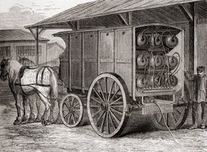 Horse drawn vehicle used to transport compressed gas in portable containers in the 19th century, from Les Merveilles de la Science, published c.1870 (engraving) 作者 法语学校