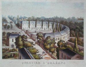 奥尔良区的住房项目（已完成），哈勒街，约1840-50（彩色平版印刷）。 作者 法语学校