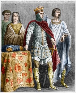 Hugues the Great (897-956) crowns Raoul or Rodolphe of Burgundy (circa 890 - 936), Duke of Burgundy and King of France. Engraving in “” Histoire De France En Cent Paintings by Paul Lehugeur “” 1891 作者 法语学校
