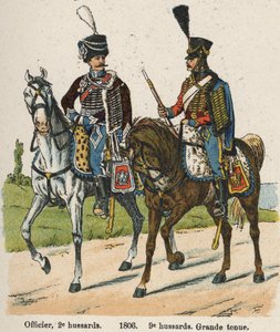 轻骑兵第1军团An XII（1803年9月24日）。1806年，军官、第2轻骑兵和第9轻骑兵身着大礼服。图版来自Lienhart和Humbert的《法国军队的制服》一书。 作者 法语学校