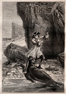 我把我的铲子塞进他的胸口。Woodes Rogers (1679-1732)于1709年在太平洋的加拉帕戈斯群岛之一被一只海狗（海豹）袭击--插图来自 "18世纪的伟大航海家" 作者 法语学校
