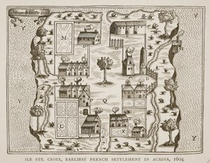 Ile Ste。 Croix，1604年阿卡迪亚最早的法国殖民地，来自Voyages by Samuel de Champlain（c.1580-1635），1613 作者 法语学校