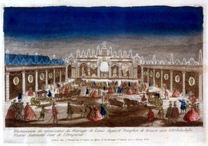 庆祝法国海豚路易·奥古斯特 (Louis XVI) 与皇帝的妹妹玛丽·安托瓦内特大公结婚的照明 - 雕刻 作者 法语学校