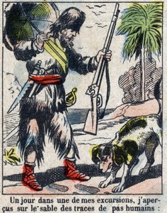 丹尼尔-笛福（De foe）的书《鲁滨逊漂流记》插图。19世纪末的埃皮纳尔成像。 作者 法语学校