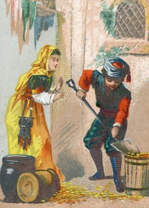 一千零一夜故事》的插图。阿里-巴巴（Ali-Baba）装上他的金驴，回到家里，1890年左右的色版画。 作者 法语学校