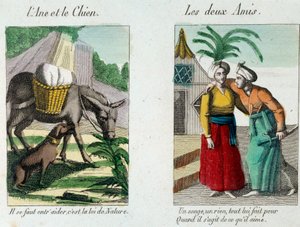 让-德-拉封丹（1621-1695）的寓言插图：左边是《驴子和狗》，右边是《两个朋友》，19世纪的版画。拉封丹博物馆，蒂埃里城堡 作者 法语学校