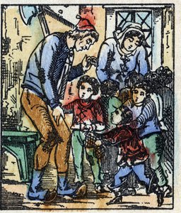 查尔斯-佩罗的 "Le petit poucet "故事的插图。木刻版画的图像Pellerin - Epinal, sd.19世纪晚期。 作者 法语学校