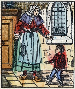 查尔斯-佩罗的 "Le petit poucet "故事的插图。木刻版画的图像Pellerin - Epinal, sd.19世纪晚期。 作者 法语学校