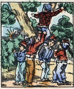 查尔斯-佩罗的 "Le petit poucet "故事的插图。木刻版画的图像Pellerin - Epinal, sd.19世纪晚期。 作者 法语学校
