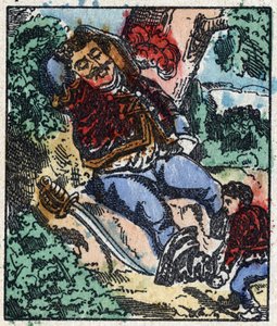 查尔斯-佩罗的 "Le petit poucet "故事的插图。木刻版画的图像Pellerin - Epinal, sd.19世纪晚期。 作者 法语学校