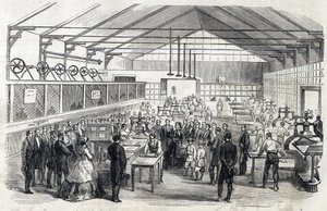 欧也妮和皇太子访问法兰西银行，1866年6月23日--印制钞票--雕刻在Le MONDE Illustrous DU 07/07/1866上 作者 法语学校
