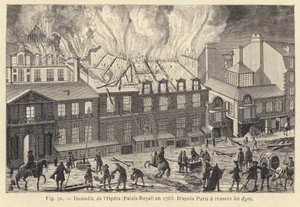 1763年皇家宫歌剧院的火灾（雕刻）。 作者 法语学校