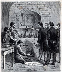 法国科学家Alexandre Brongniart (1770 - 1847)在塞夫勒制造的高温计的安装 - Alexis Clerc的 "Sciences mises à la gratete de tous - physics et chimie populaires "中的版画 - 19世纪末。私人收藏。 作者 法语学校