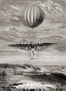 雅各布-德根 1808 年设计的带有襟翼阀的鸟式飞行器，飞行员站在一个刚性框架上，用一根可移动的水平杆操纵机翼，选自《Les Merveilles de la Science》，约 1870 年出版（石版）。 作者 法语学校