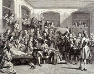 詹森主义：圣梅达公墓的抽搐者在发生 "奇迹 "的帕里斯执事（1690 - 1727）的坟墓上。18世纪的印刷品。 作者 法语学校