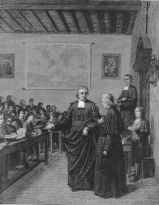 让-巴蒂斯特-德-拉萨尔（Jean-Baptiste De La Salle）1651-1719年，法国宗教家，基督教学校兄弟会的创始人，向德-拉切塔迪先生展示他的一所学校。19世纪末的雕版画。 作者 法语学校