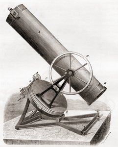 Jean Bernard Léon Foucault的赤道架上的镜面反射望远镜，根据19世纪的图纸绘制，出自《科学的奇迹》，约1870年出版（雕刻）。 作者 法语学校