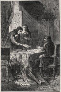 让-沙佩兰（1595-1674）法国诗人和文学评论家和皮埃尔-科斯塔（1603-1660）给让-巴蒂斯特-科尔贝尔（1619-1683）提供了一份值得国王给予养老金的作家名单--路易-小仲马的《法国名人录》中的刻版 18 作者 法语学校