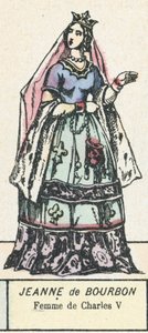 让娜-德-波旁，查理五世的妻子（彩色雕刻）。 作者 法语学校