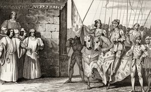 圣女贞德（1412-31）于1429年抵达Rheims，参加由Colart撰写的“Histoire de France”的查理七世（1403-61）加冕典礼，出版于1840年 作者 法语学校