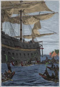 塞缪尔-沃利斯（1728-1795）的波利尼西亚之旅：土著人手拿香蕉枝作为欢迎仪式--插图摘自 "18世纪伟大的航海家" 作者 法语学校