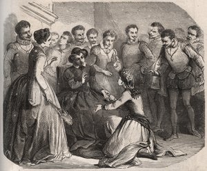朱丽塔-瓜尼尼请求凯瑟琳-德-美第奇王后（Caterina de Medici）（1519-1589年）收留她为自己服务。她成为了路易-德-布西-昂布瓦兹（1549-1579）的情人。亨利-德-科克（Henry de Kock）（1819-1892）1871年在 "Histoire Des Cocus Celebres "中的雕刻。 作者 法语学校