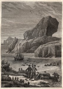 凯尔盖朗群岛。儒勒-凡尔纳的《十八世纪伟大的航海家》插图 - James Cook aux Iles de Kerguelen en 1776 (Kerguelen群岛或Iles de la Desolation) - 载于《十八和十九世纪的航海家》-插图 作者 法语学校