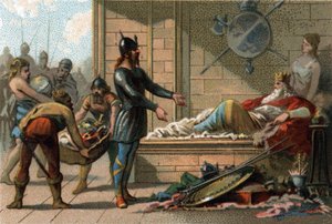 国王克洛维斯三世，叫勒菲尼昂，691年至695年的法国国王。1890年左右的彩色平版印刷。 作者 法语学校