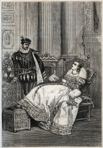 国王亨利二世（1519-1559）和戴安娜-德-普瓦提埃（1499-1566）--法国的亨利二世和戴安娜-德-普瓦提埃--雕刻自儒勒-米歇尔的《法国历史》--1876-1877--。 作者 法语学校