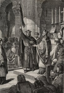 King Louis VII (1120-1180) takes the oriflame at the Basilica of Saint Denis (Saint Denis) in the presence of Queen Alienor of Aquitaine and receives the bumblebee and pannetiere of the pelerin from the hands of Pope Eugene III (? -1153) before his departu 作者 法语学校